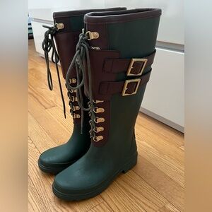 Tory Burch Pull On Rain / Snow Boots, Rubber with Leather trim, LIKE NEW